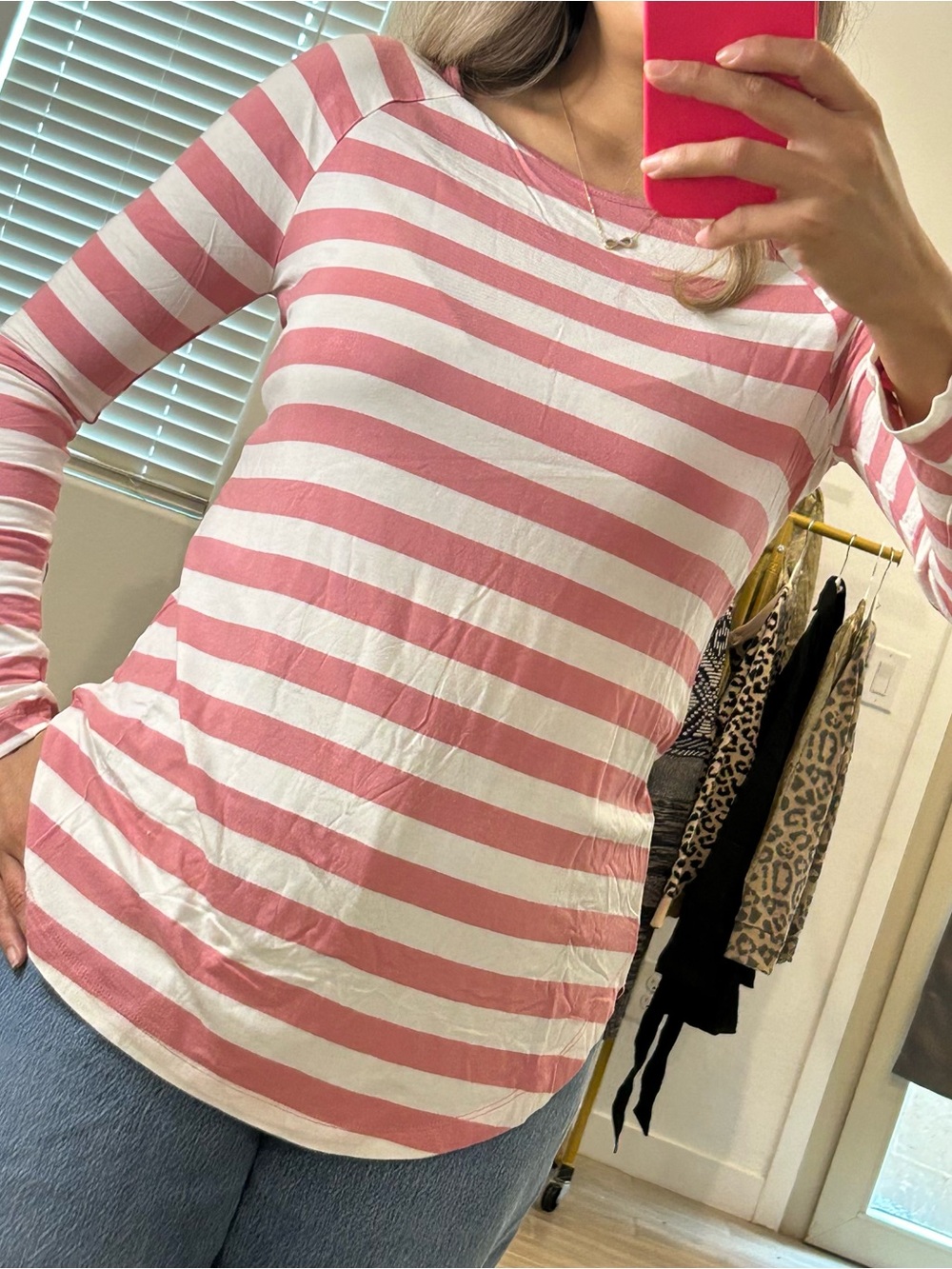 Zenana Oversized Pink Striped Raglan Tee Faux Suede Elbow Patch Top